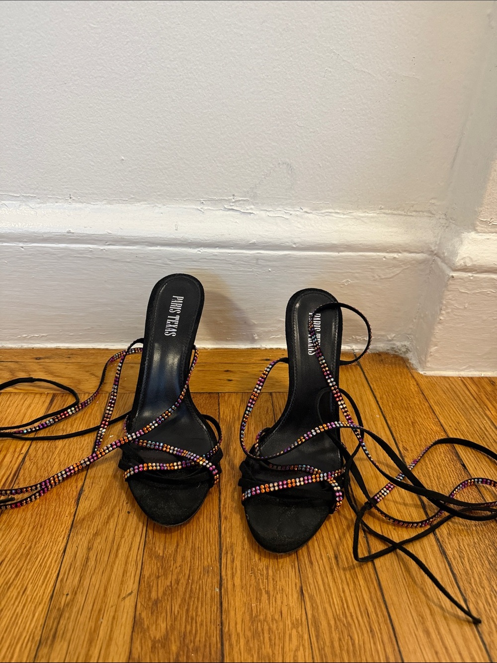 Paris Texas Suede Strappy Lace-Up Heels with Multicolor Beaded Accents